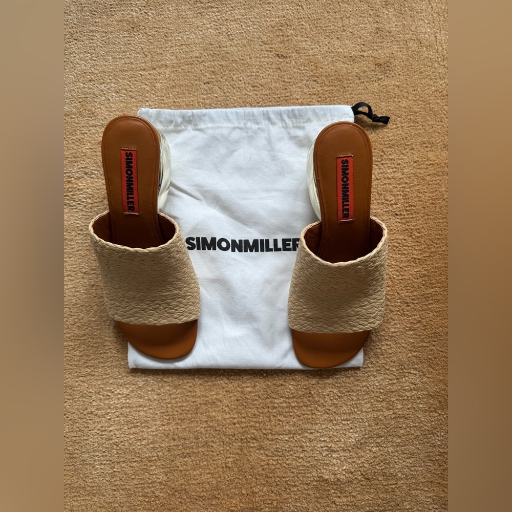 🌴NWOT SIMON MILLER BRAIDED RAFFIA MODERNO SANDAL IN GOLD/NATURAL - Picture 4 of 9
